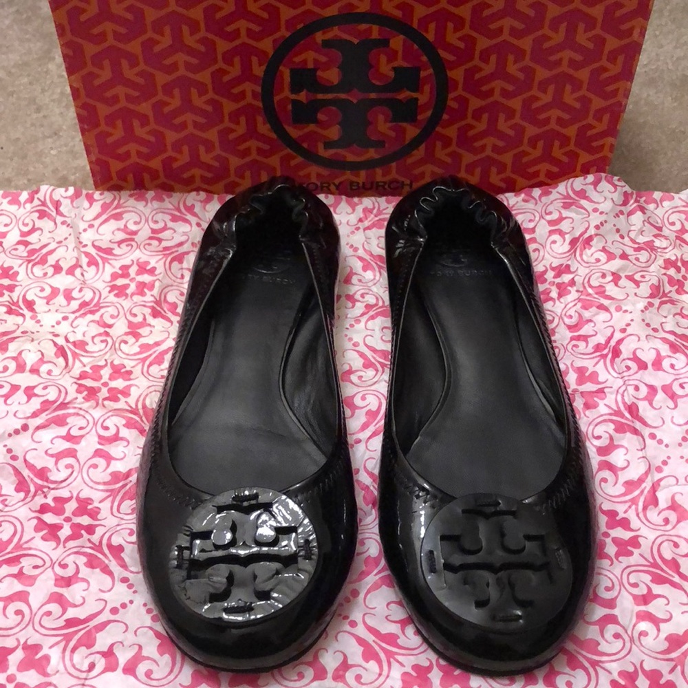 Black Patent Leather Tory Burch Reva Flat SZ 9.5